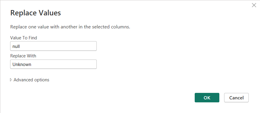 Screenshot of replacing values box
