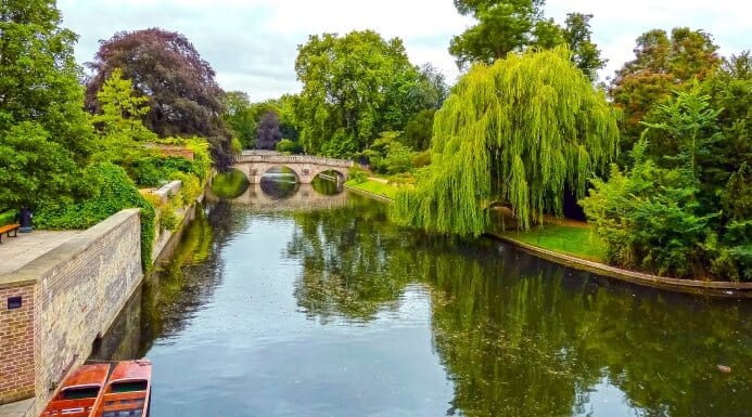 Stone bridge crossing a peaceful river lined with lush trees in the East of England