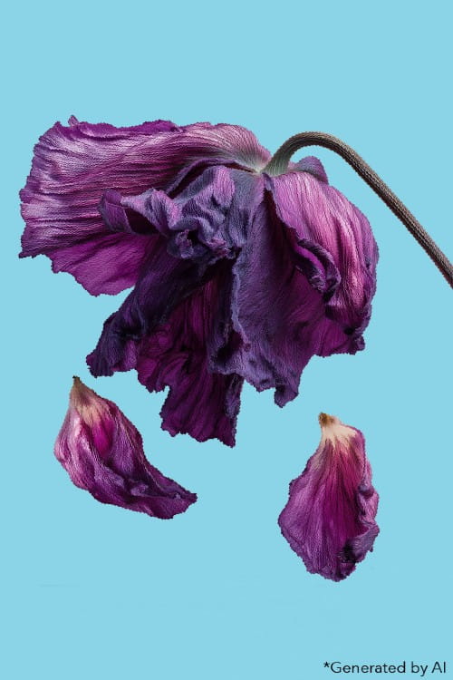 Black tulip starting to wilt. Image generated by AI.