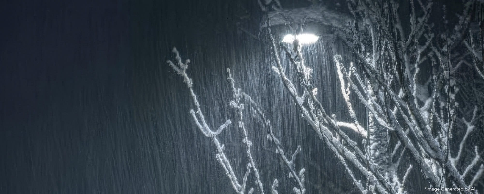 A snow-covered tree illuminated by a streetlamp at night, with heavy snowfall visible in the light. Image generated by AI.