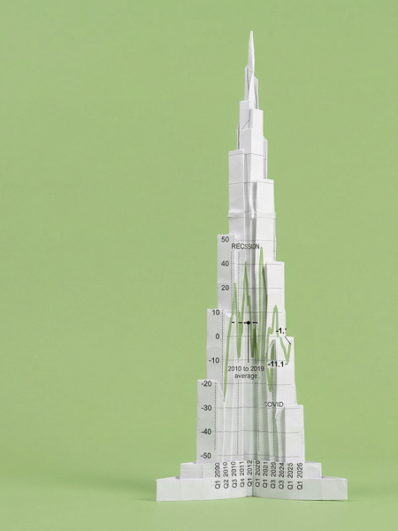 A stylised representation of a Middle Eastern skyline tower, resembling the Burj Khalifa, built from layered geometric blocks.