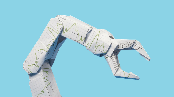 Illustration of an industrial robotic arm made from charted material representing the manufacturing sector.