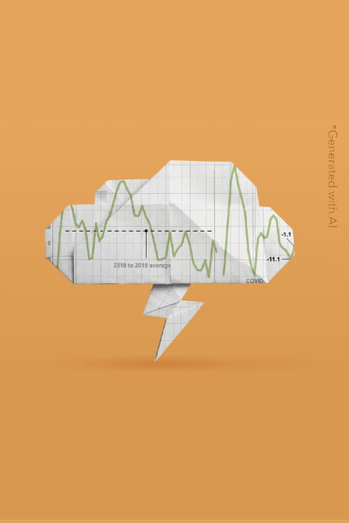 Illustration of a cloud with chart lines and a lightning bolt beneath it.