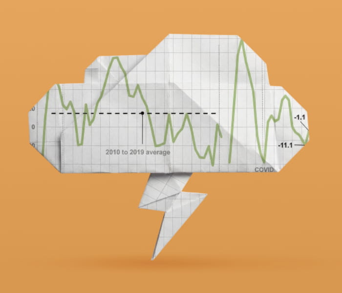 Illustration of a cloud with chart lines and a lightning bolt beneath it.