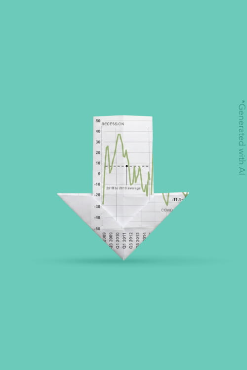 Origami downward arrow made from a financial chart against a teal background, symbolising declining performance or economic downturn.
