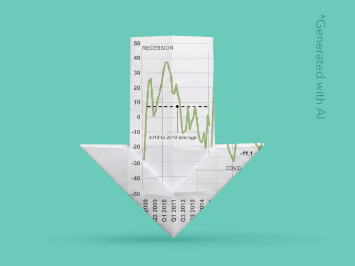 Origami downward arrow made from a financial chart against a teal background, symbolising declining performance or economic downturn.