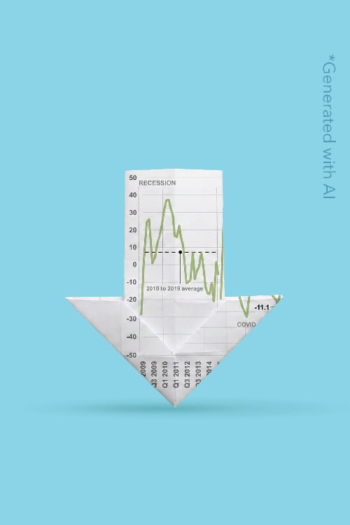Origami downward arrow made from a financial chart against a blue background, symbolising declining performance or economic downturn.
