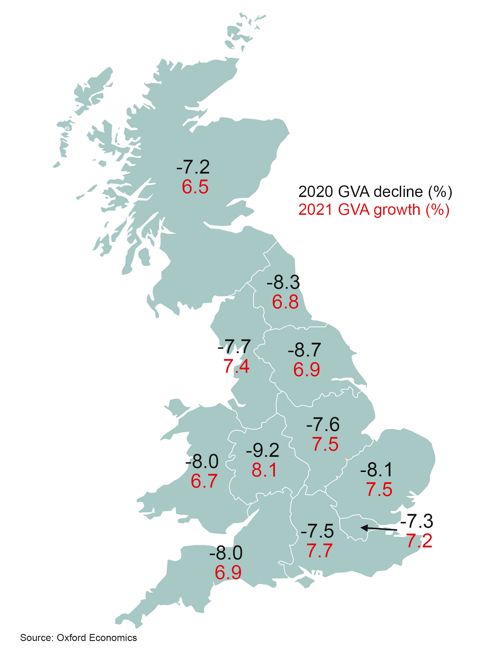 Map of UK with regional borders, showing 2020 GVA decline and 2021 GVA growth for each region