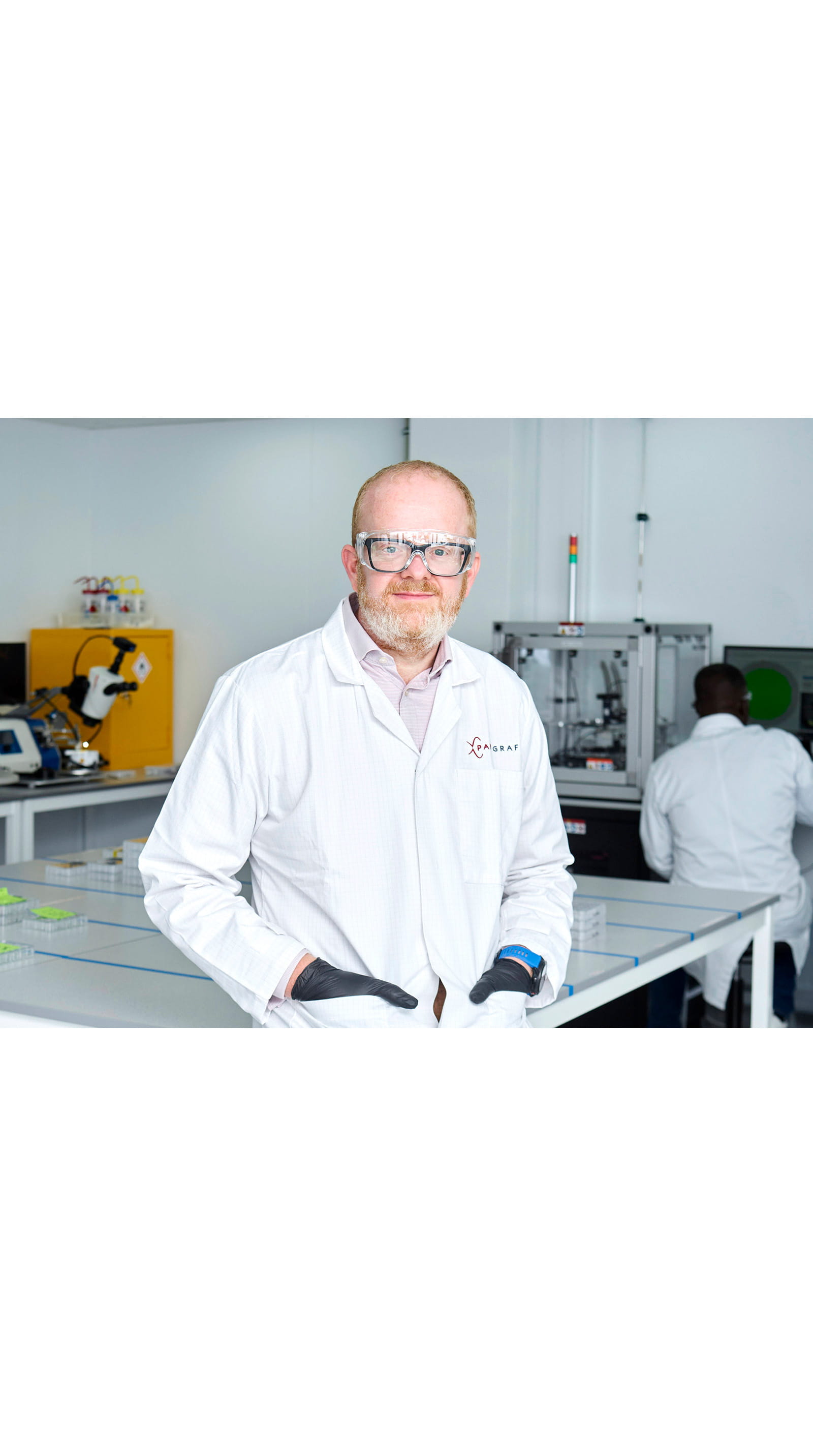 Charles Platts, CFO and ICAEW member Paragraf science lab white coat