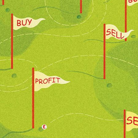A field covered in golf holes each with its flag, one of whom has the word 'Profit', another 'Buy', another 'Sell', etc.