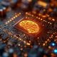 A glowing brain symbol within a circuit board