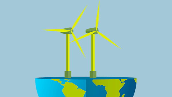 Wind turbines sitting on top of the bottom hemisphere of planet Earth