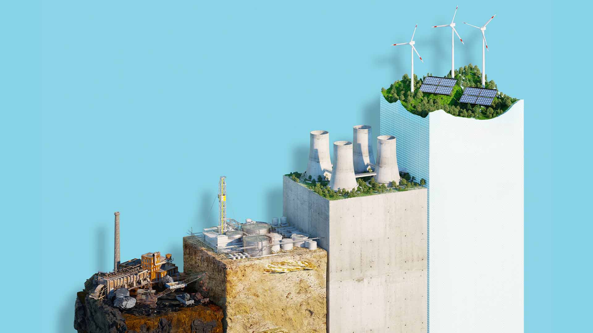 sustainability climate change pillars bar chart green energy solar panels wind farm turbines