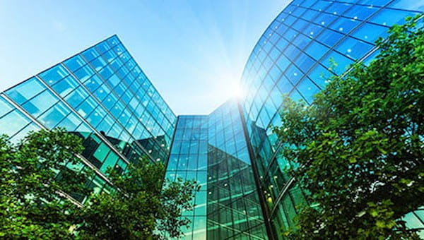 modern glass building green tree reflections blue sky sun