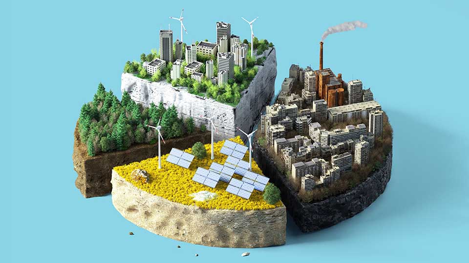 sustainability climate change pie chart map industries carbon emissions smoke solar panels trees city