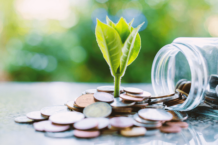 Plant surrounded by coins falling out of a glass jar