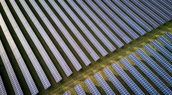 A field covered with rows of solar panels.