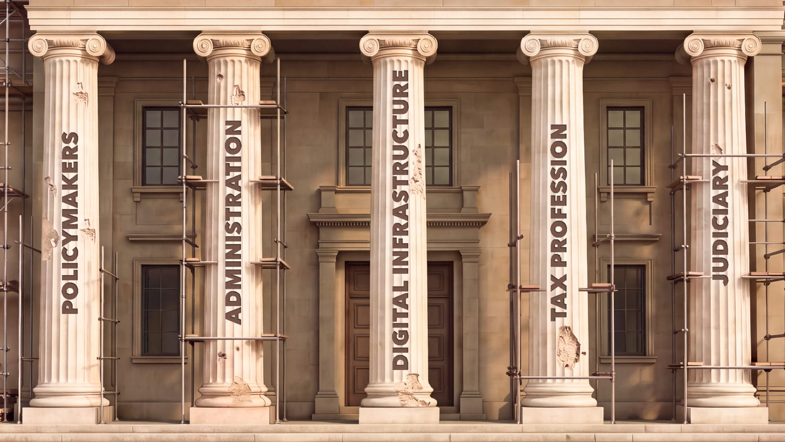 Graphical illustration of the five institutional pillars ICAEW has identified as being crucial to reforming UK tax system: policymakers, administration, digital infrastructure, tax professional and judiciary.