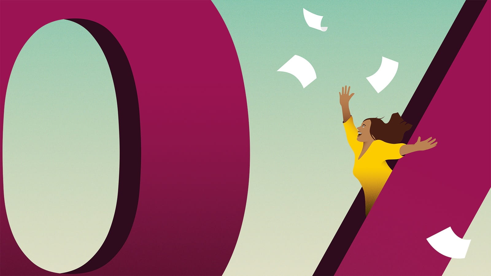 Illustration of woman in yellow top throwing papers