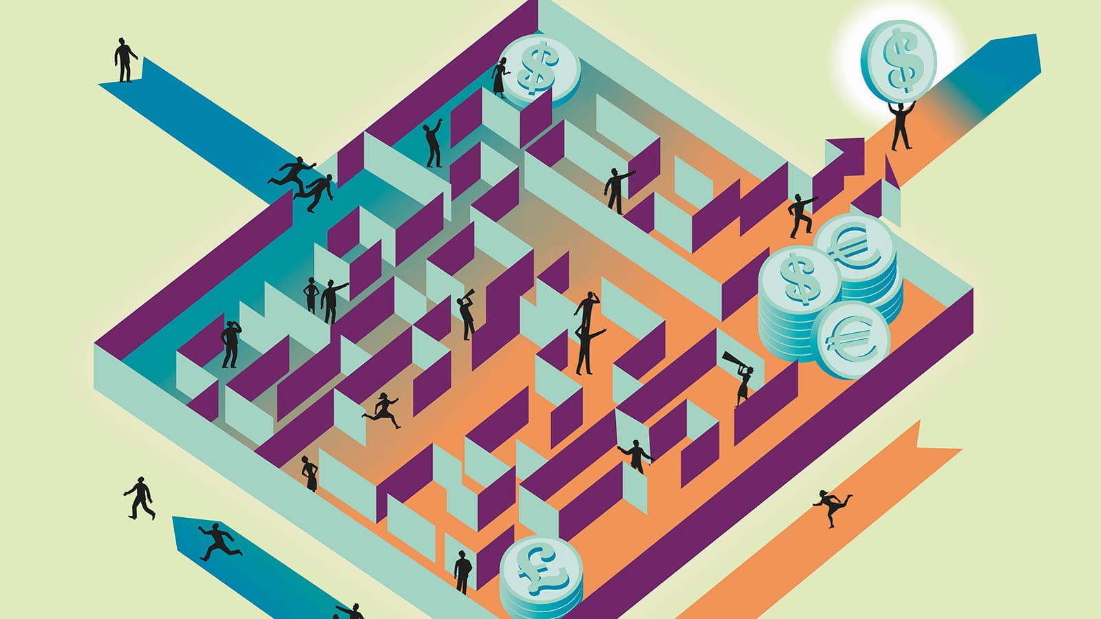 Illustration of a maze with people searching for piles of coins inside it