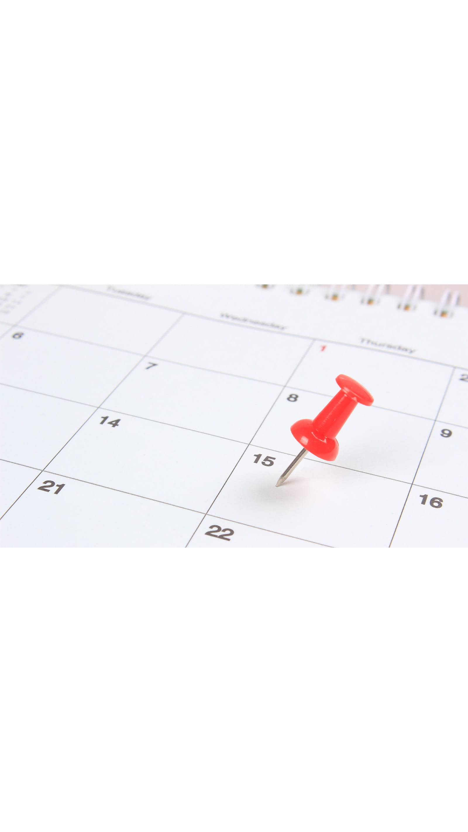 red pin pointing to a white calendar dates numbers 15