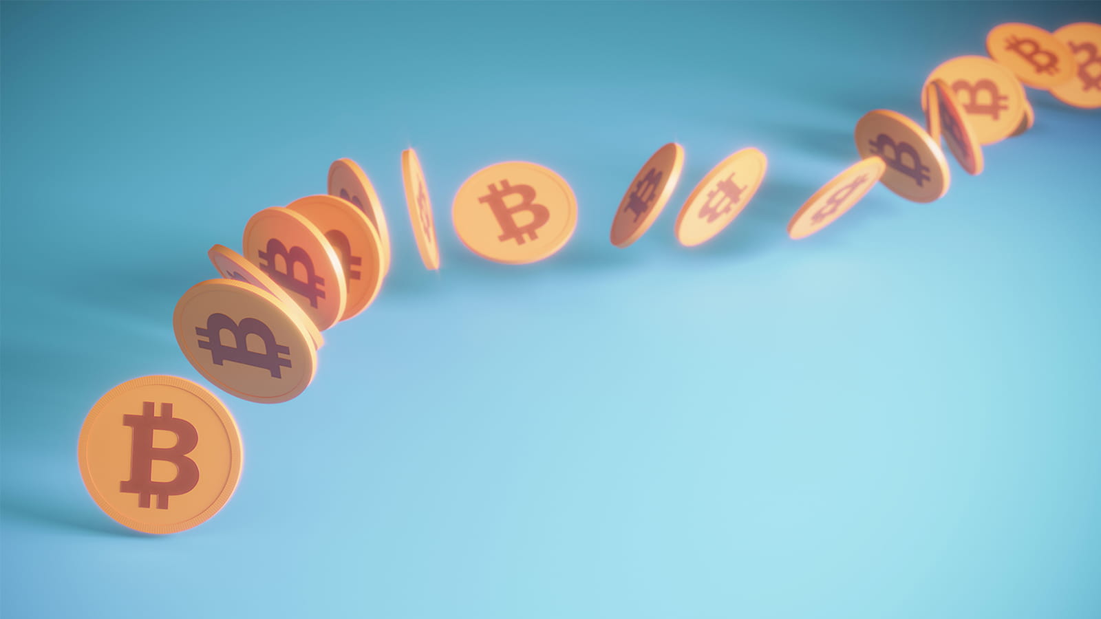 3D render of crypto currency coins orange bouncing rolling in a line on a blue background