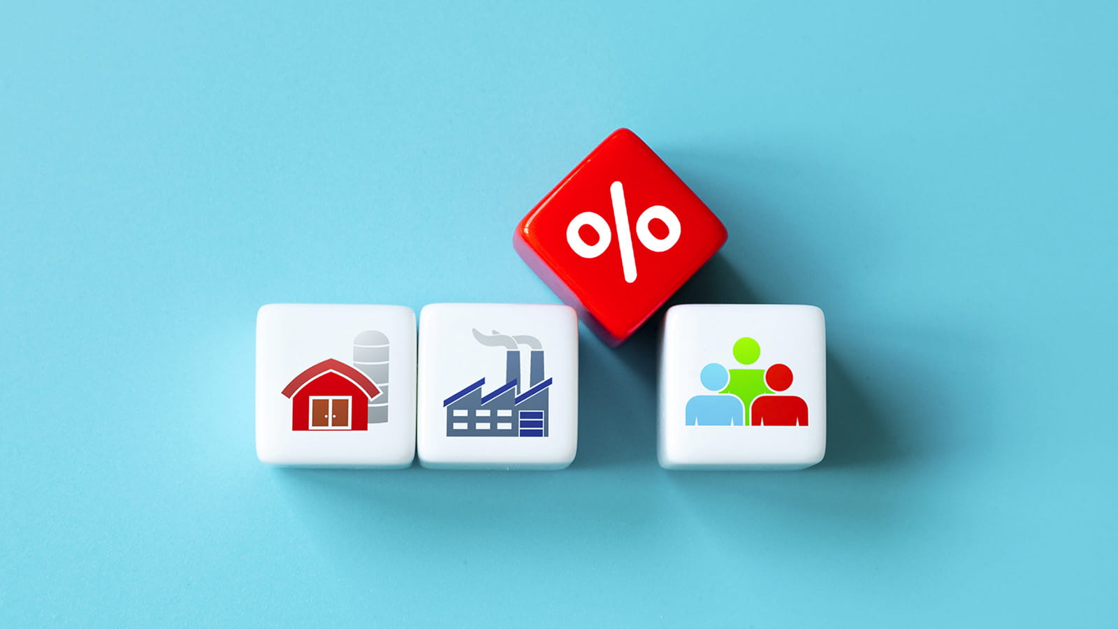 illustration of tiles square showing icons of a house, factory, people and a percentage symbol