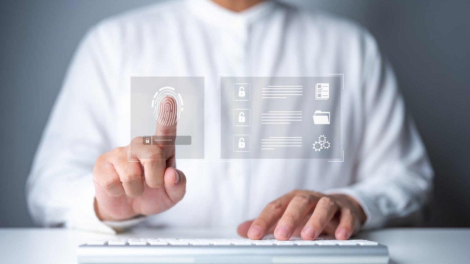 Finger pointing at finger print on see through screen1600