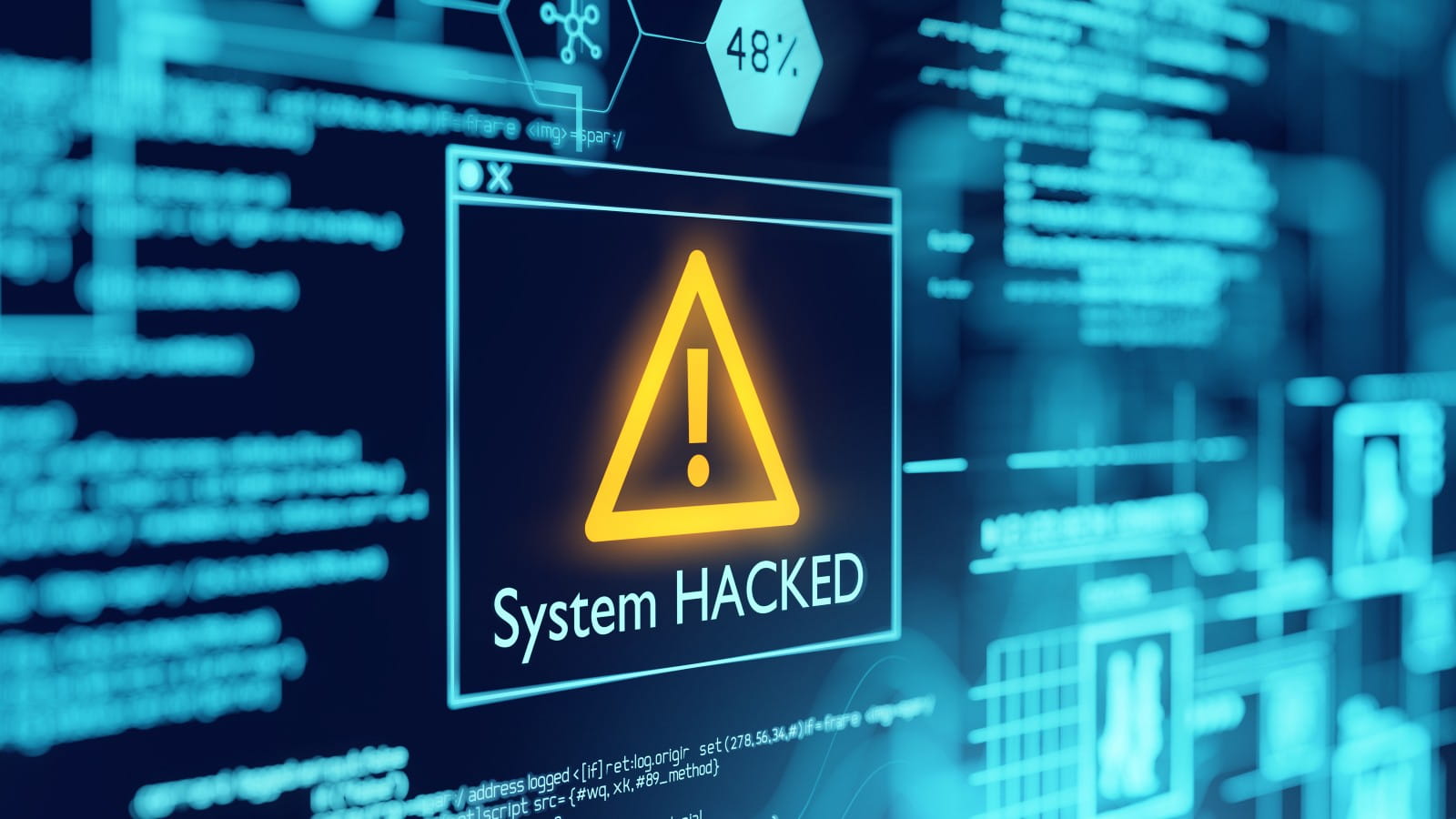 Image with bright yellow words saying system hacked in a triangle