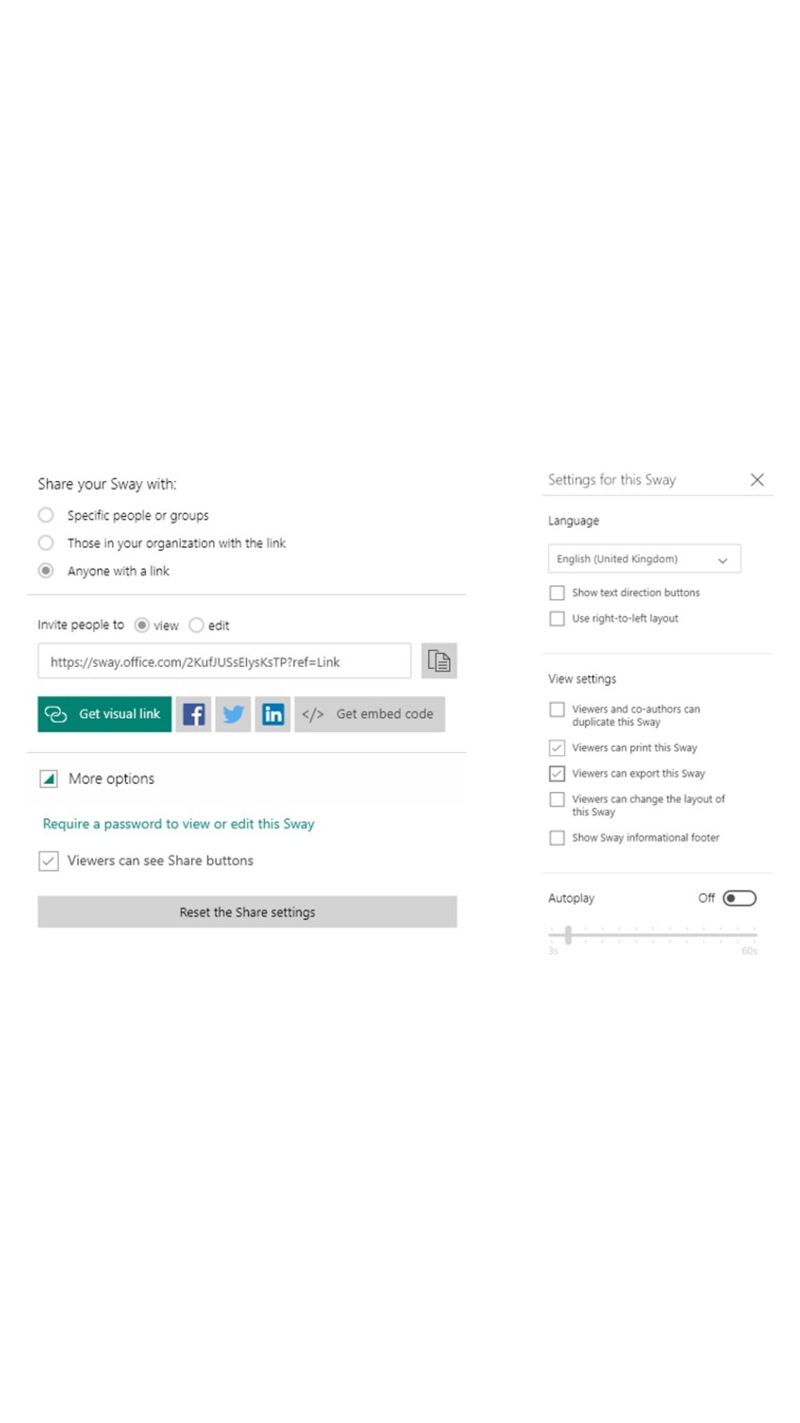 A screenshot of Sway sharing options