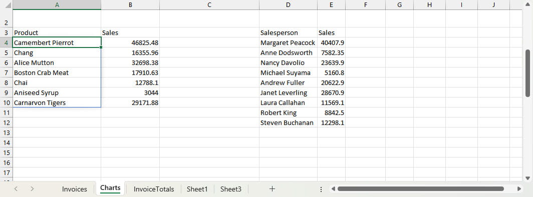 screenshot of dynamic arrays table from Microsoft Excel
