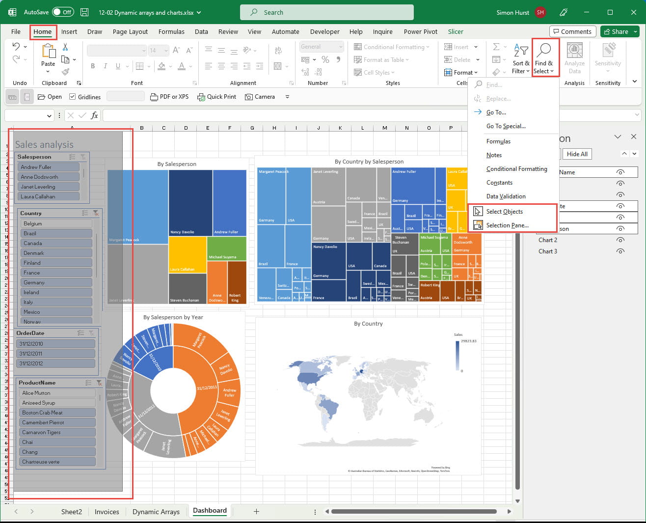 image of dynamic arrays on excel with 'arrange group' highlighted