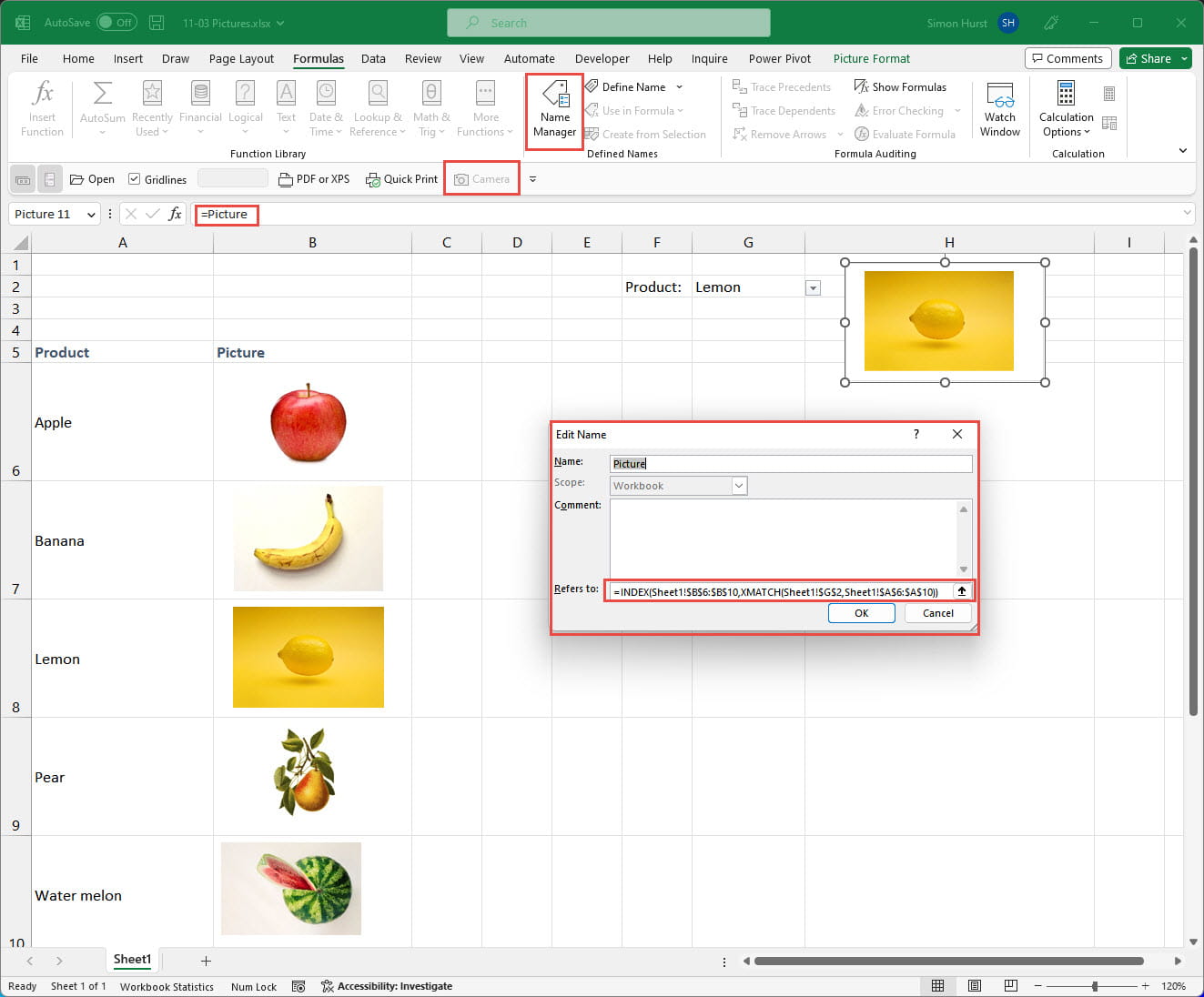 image of fruits on excel