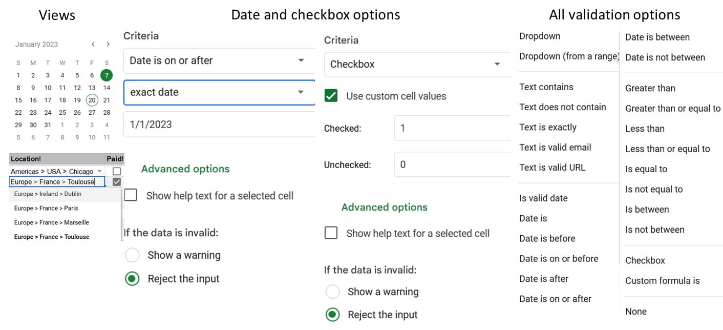 Screenshot of how to add checkboxes for data validation in Google Sheets