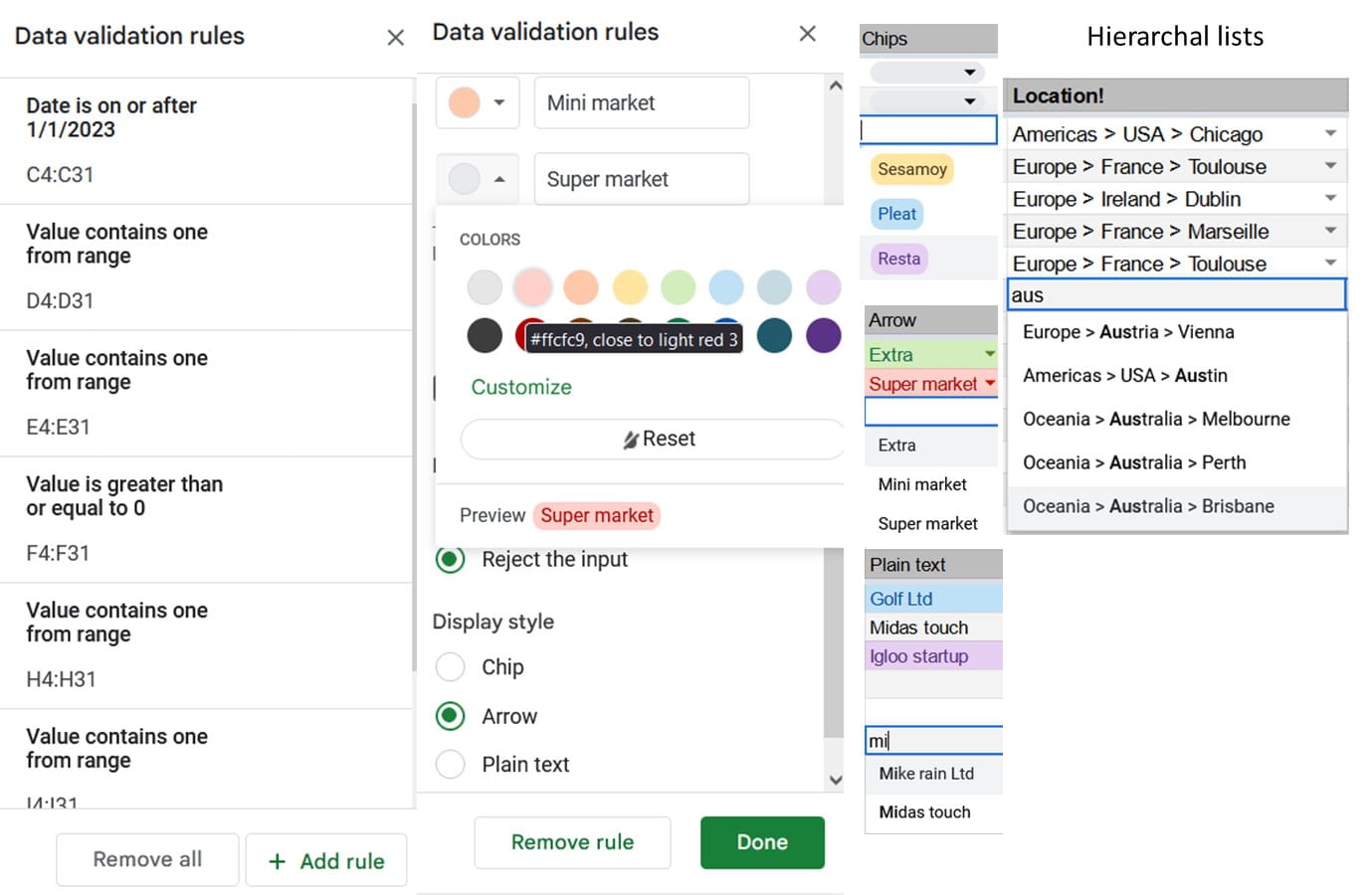 Screenshot of hierarchal lists in Google Sheets data validation rules