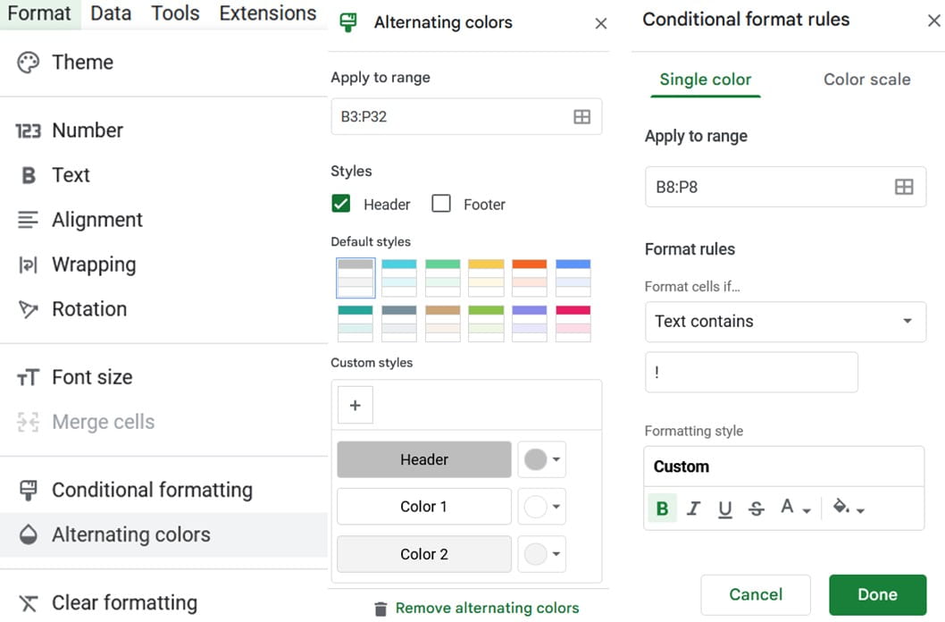 Screenshot showing how to format headers in Google Sheets