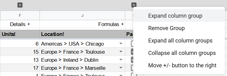 Screenshot showing how to create column groups in Google Sheets