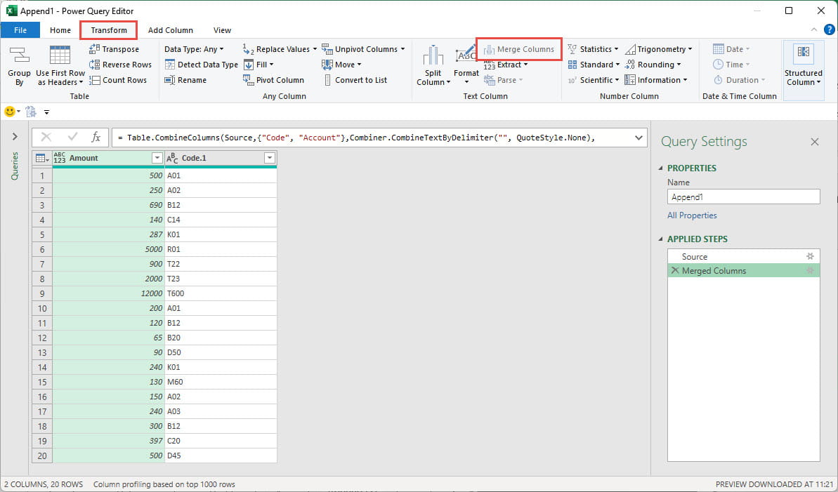 Screenshot of merged columns in Excel