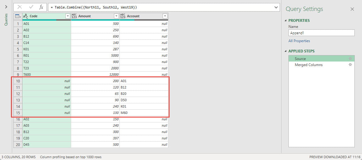 Screenshot showing example of multiple columns created by Power Query in Excel