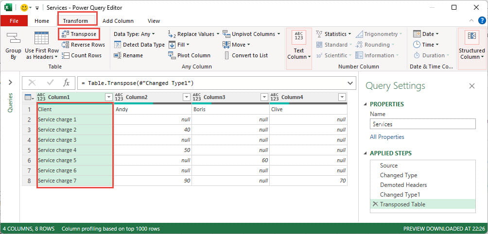 Screenshot showing how to Transpose a table in Excel