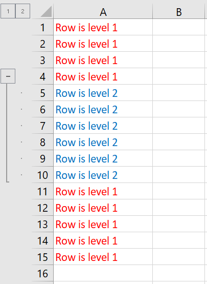 Screenshot showing position of dots when rows are grouped in Excel