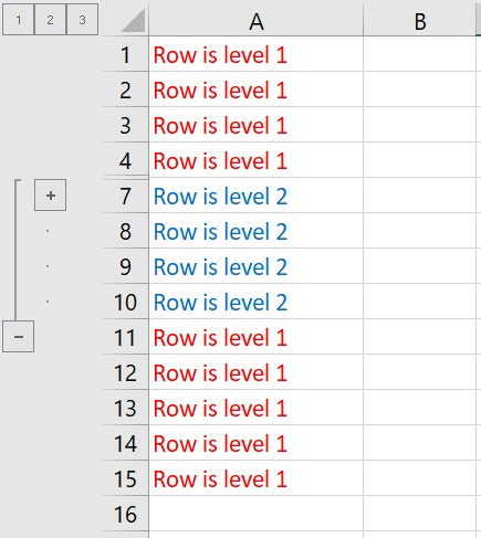 Screenshot showing rows with level 2 or lower