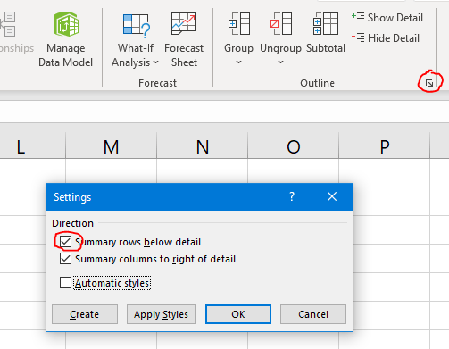 Screenshot showing how to move the outline grouping buttons