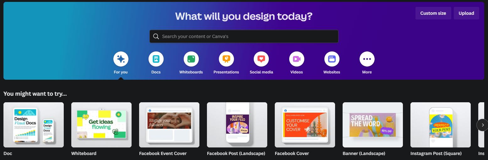 Screenshot of Canva page "What will you design today?"