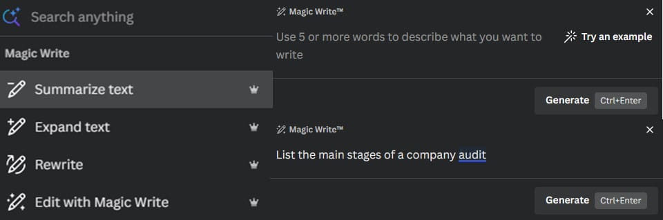 Screenshot of the Magic Write function in Canva