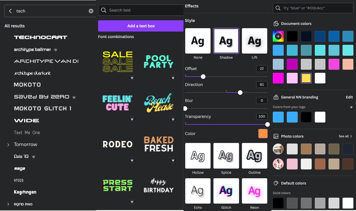 Screenshot of the Text templates and effects in Canva