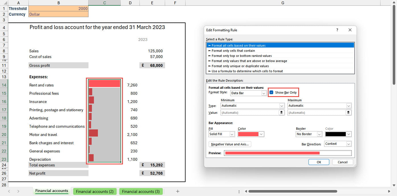 Screenshot of Data Bar Formatting Rule dialogue box