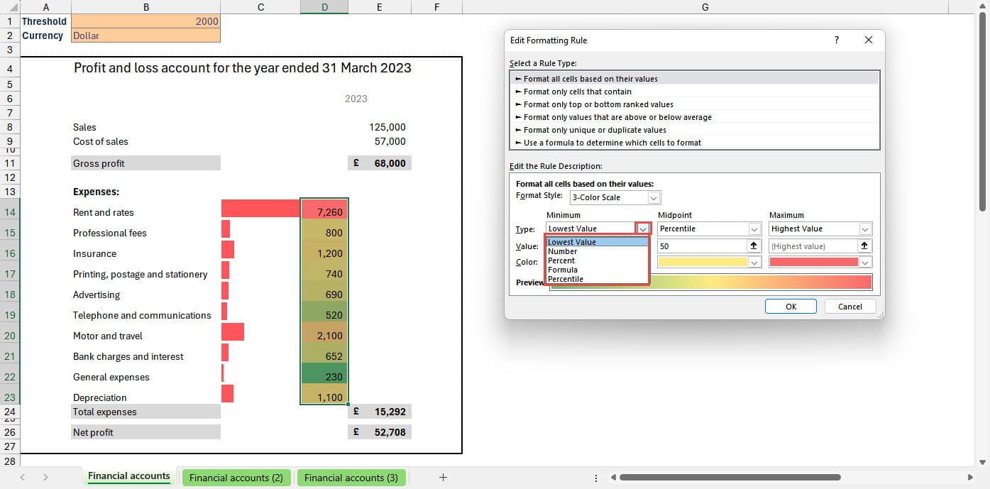 Screenshot of the Colour Scales dialogue box in Excel