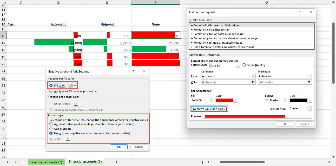Screenshot of the Negative Value and Axis Settings in Excel