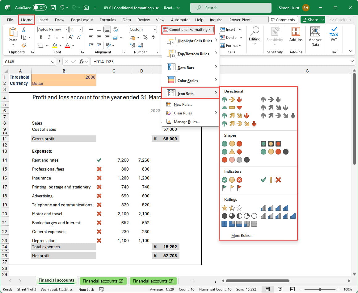 Screenshot of the Icon Sets dropdown in Excel